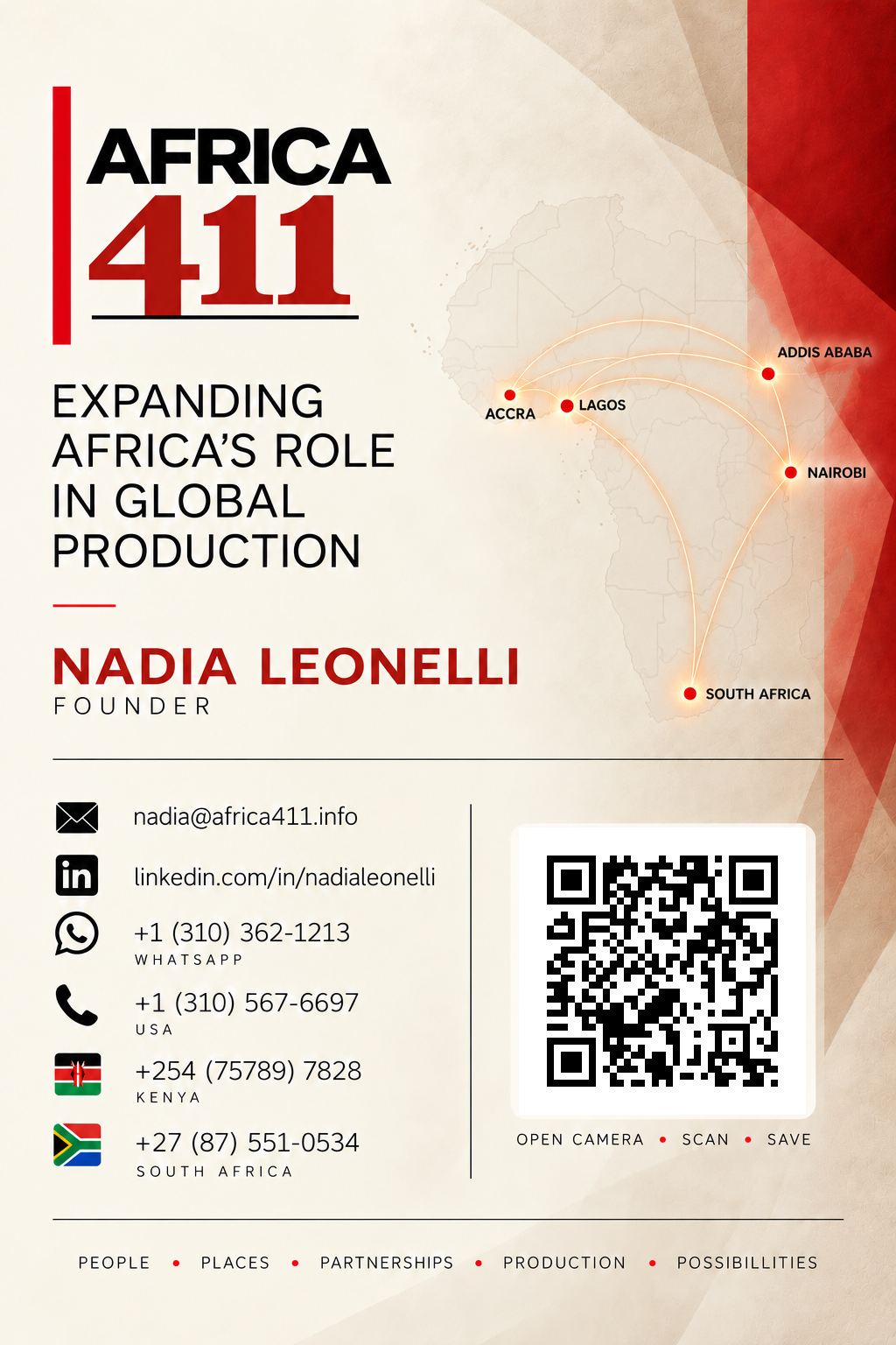 Africa 411 digital contact card for Nadia Leonelli, Founder